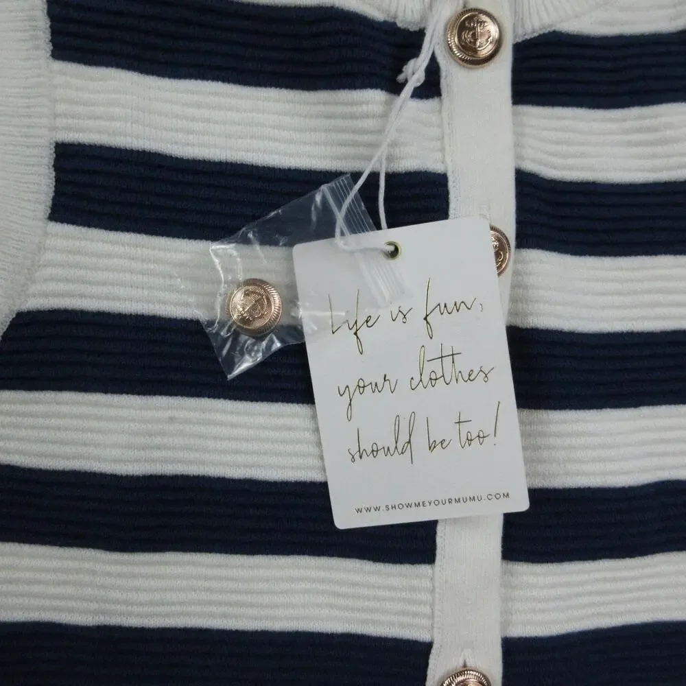 MUMU Sweater Cardigan Womens S Blue White Striped Button-Front Tight-Knit NWT